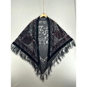 Vintage Velvet Burnout Beaded Fringe Shawl Wrap Rose Floral Burgundy Black